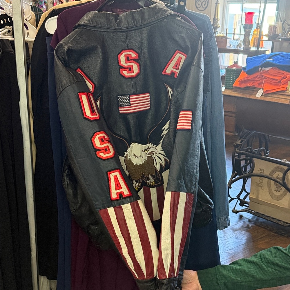 Source Unknown Black Leather Varsity Jacket with … - image 4